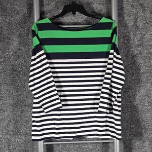 Chaps Womens XL Navy Blue Green White Striped Boat Neck 3/4 Sleeve Top